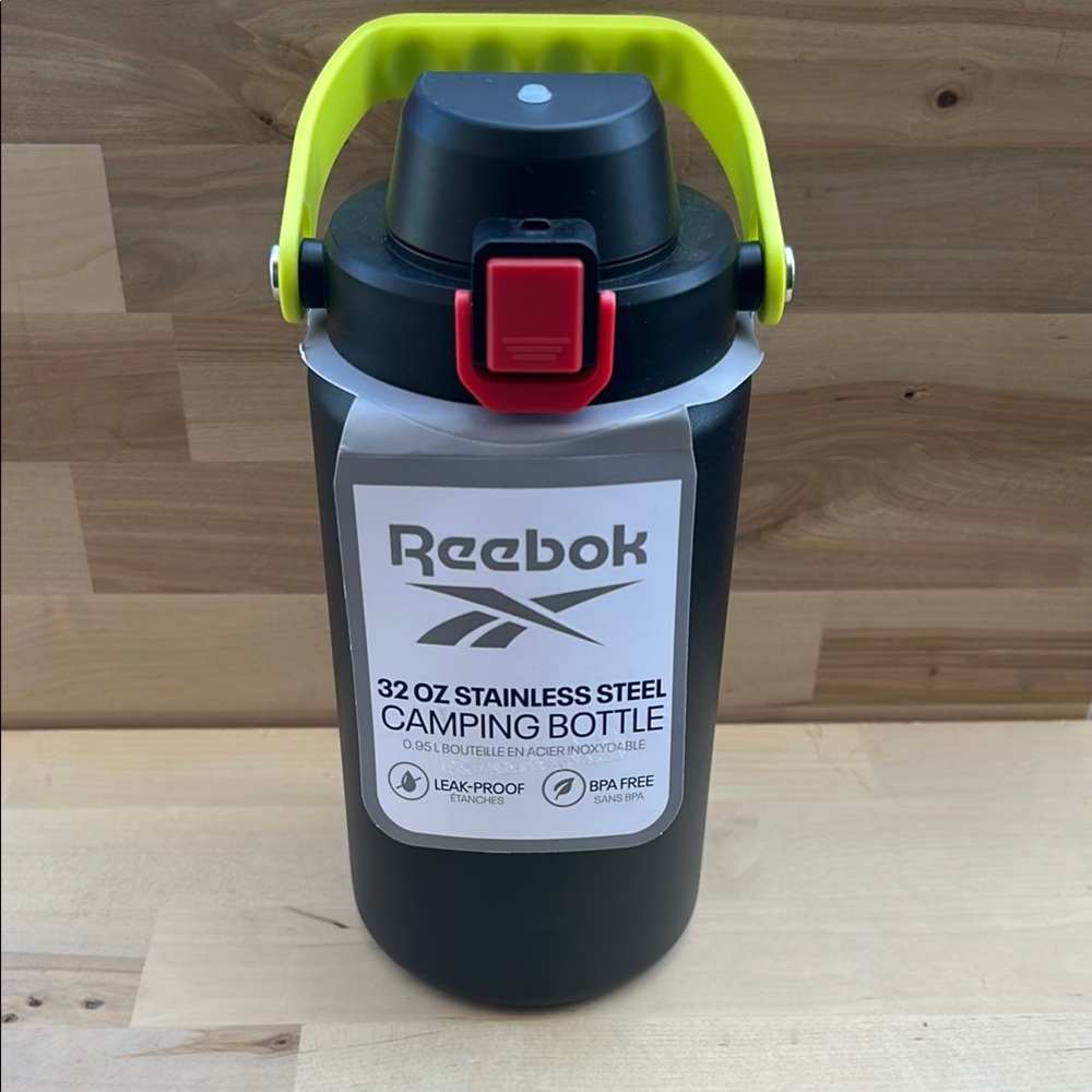 Reebok 32 oz Stainless Steel Camping Bottle Black Lime Green Leak-Proof BPA Free